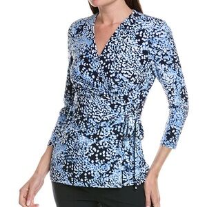 Anne Klein Blue and White Printed Wrap Top